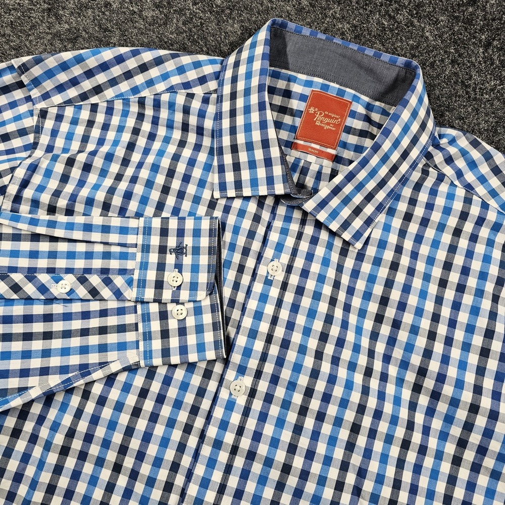 Original Penguin Blue Check Button Up Shirt Mens 17 34/35‎ Slim Fit NWT Cotton